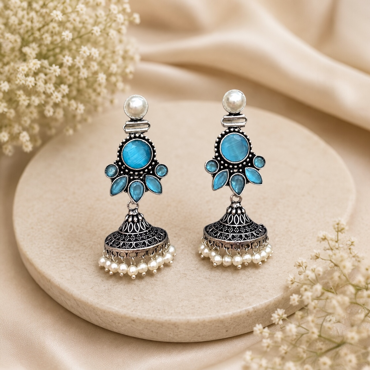 Mia Brass Jhumka - Blue