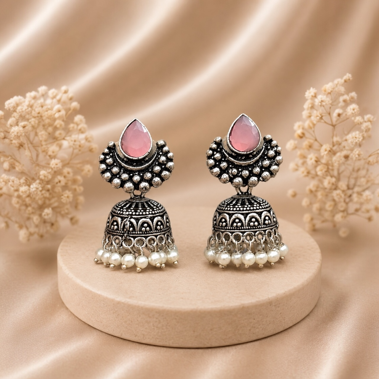 Pear Brass Jhumki - Pink