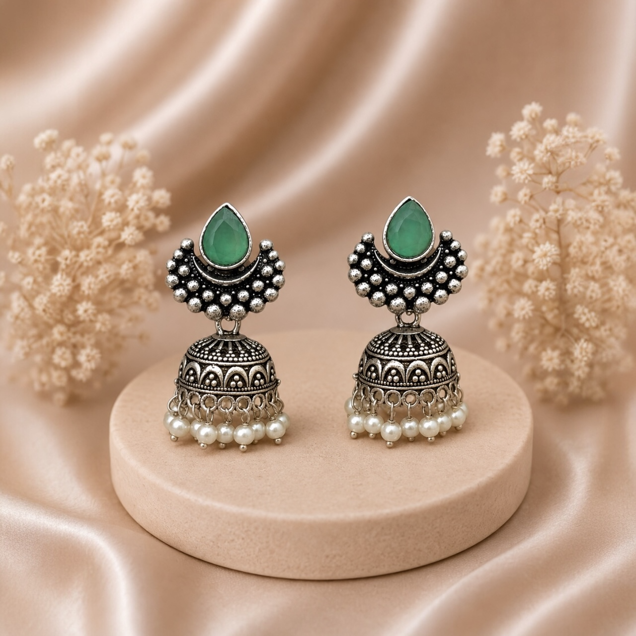 Pear Brass Jhumki - Mint
