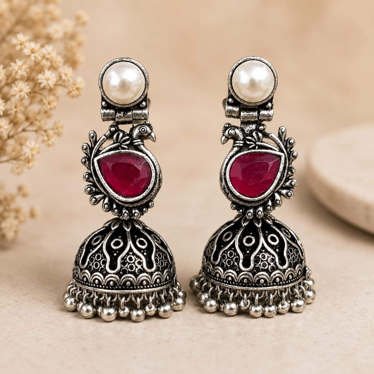 Zia Brass Jhumka - Red