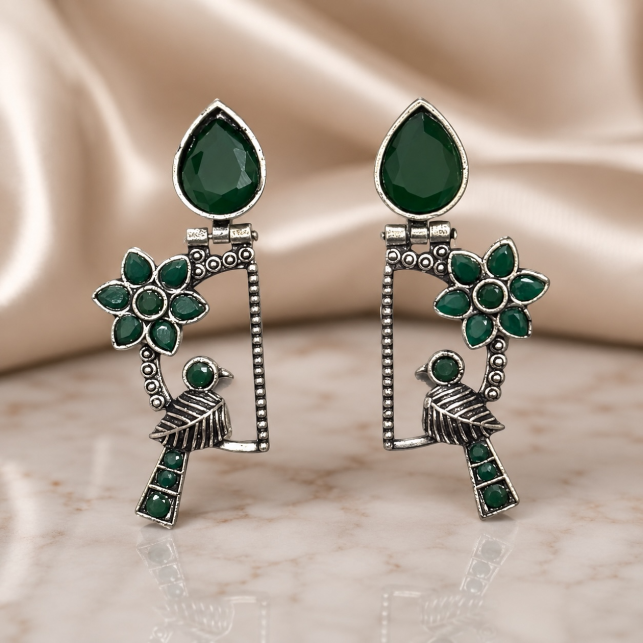 Bird Brass Earrings - Green
