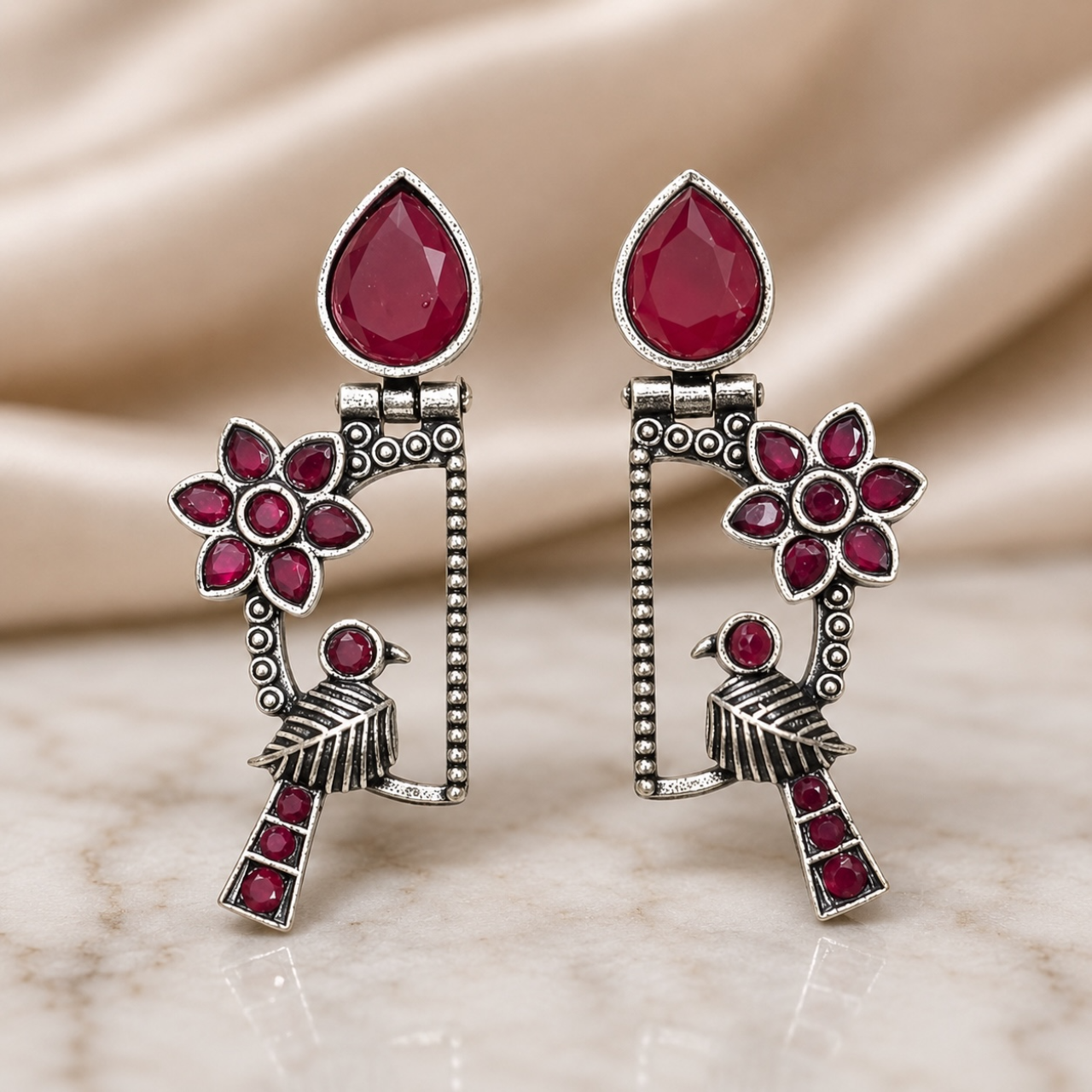 Bird Brass Earrings - Ruby