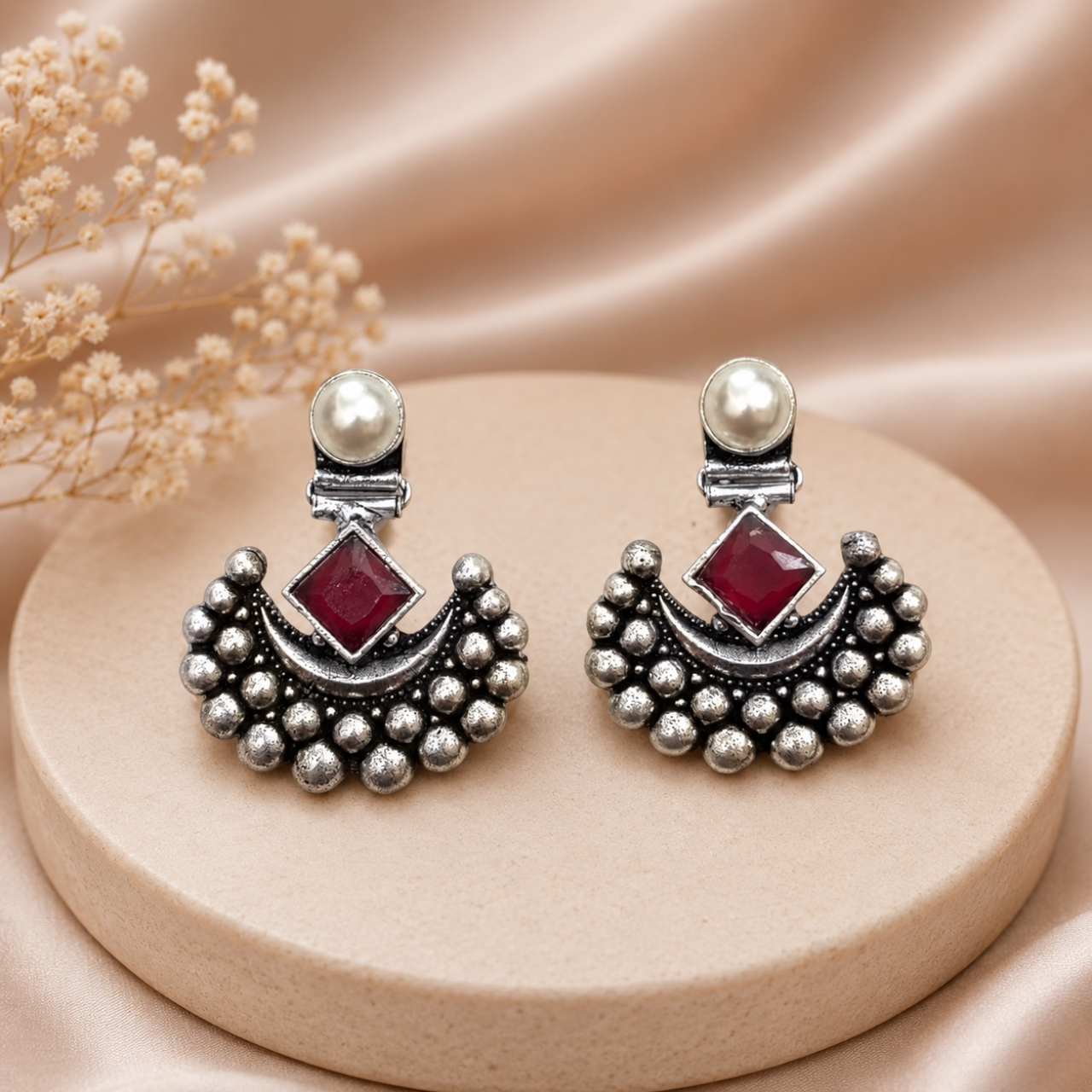 Arc Brass Earrings - Ruby
