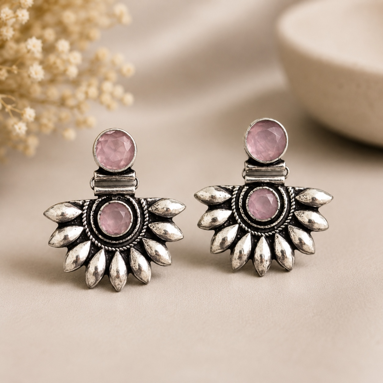 Noor Brass Earrings - Pink