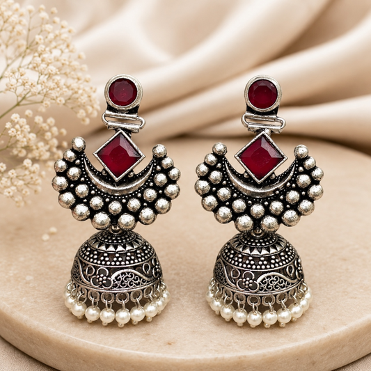 Gauri Brass Jhumka - Ruby