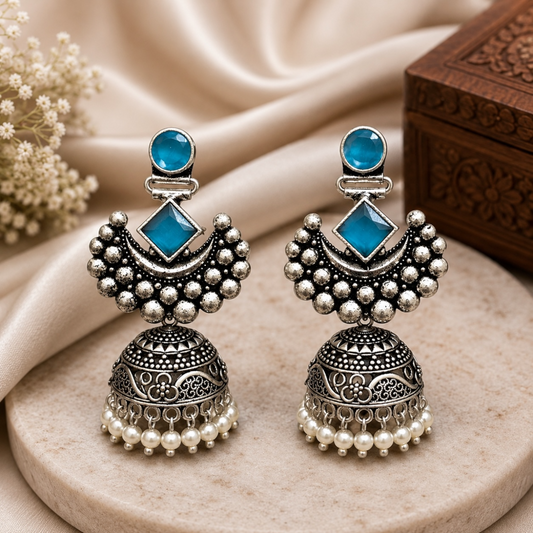 Gauri Brass Jhumka - Blue