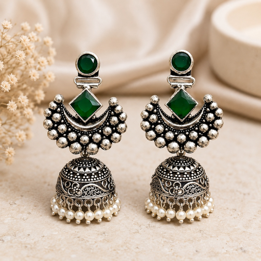 Gauri Brass Jhumka - Green