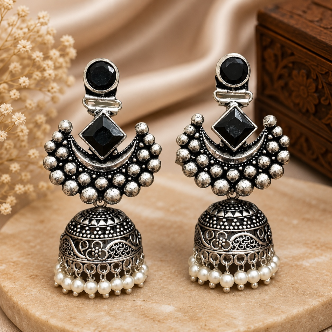 Gauri Brass Jhumka - Black