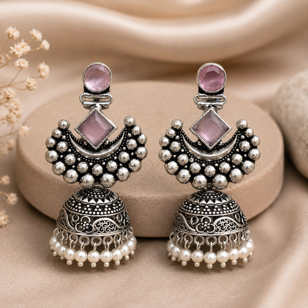 Gauri Brass Jhumka - Pink