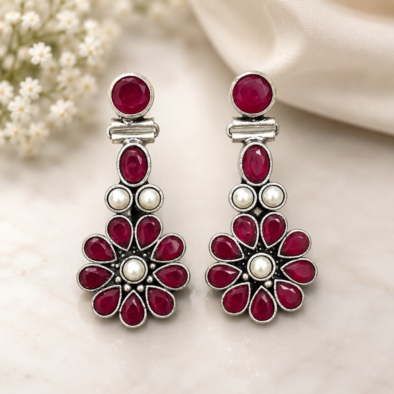 Bloom Brass Earrings - Ruby