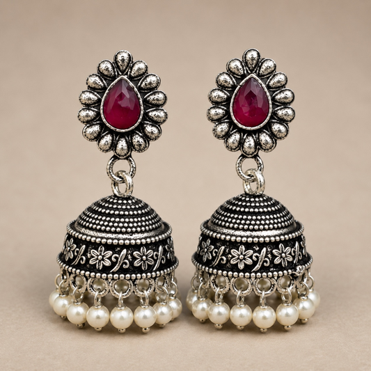 Savi Brass Jhumka - Red