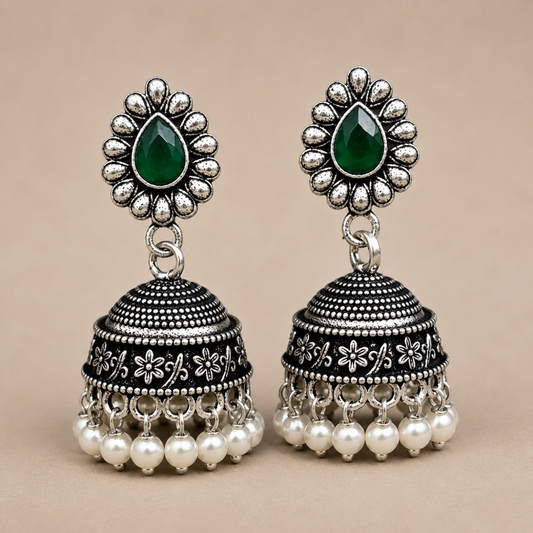 Savi Brass Jhumka - Green
