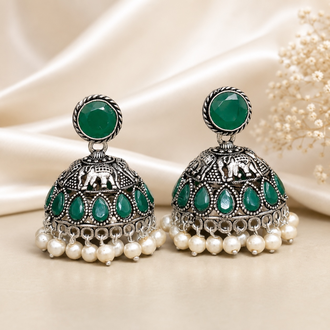 Rahi Brass Jhumka - Green