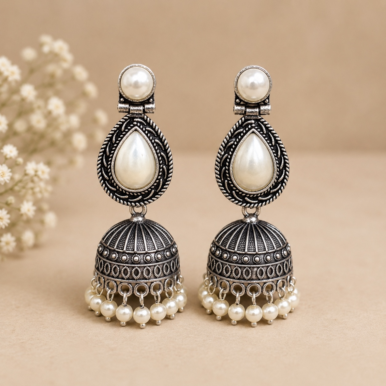 Vina Brass Jhumka - White